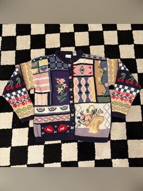 Vintage Incognito Cherry Watermelon Patchwork Intarsia Cardigan